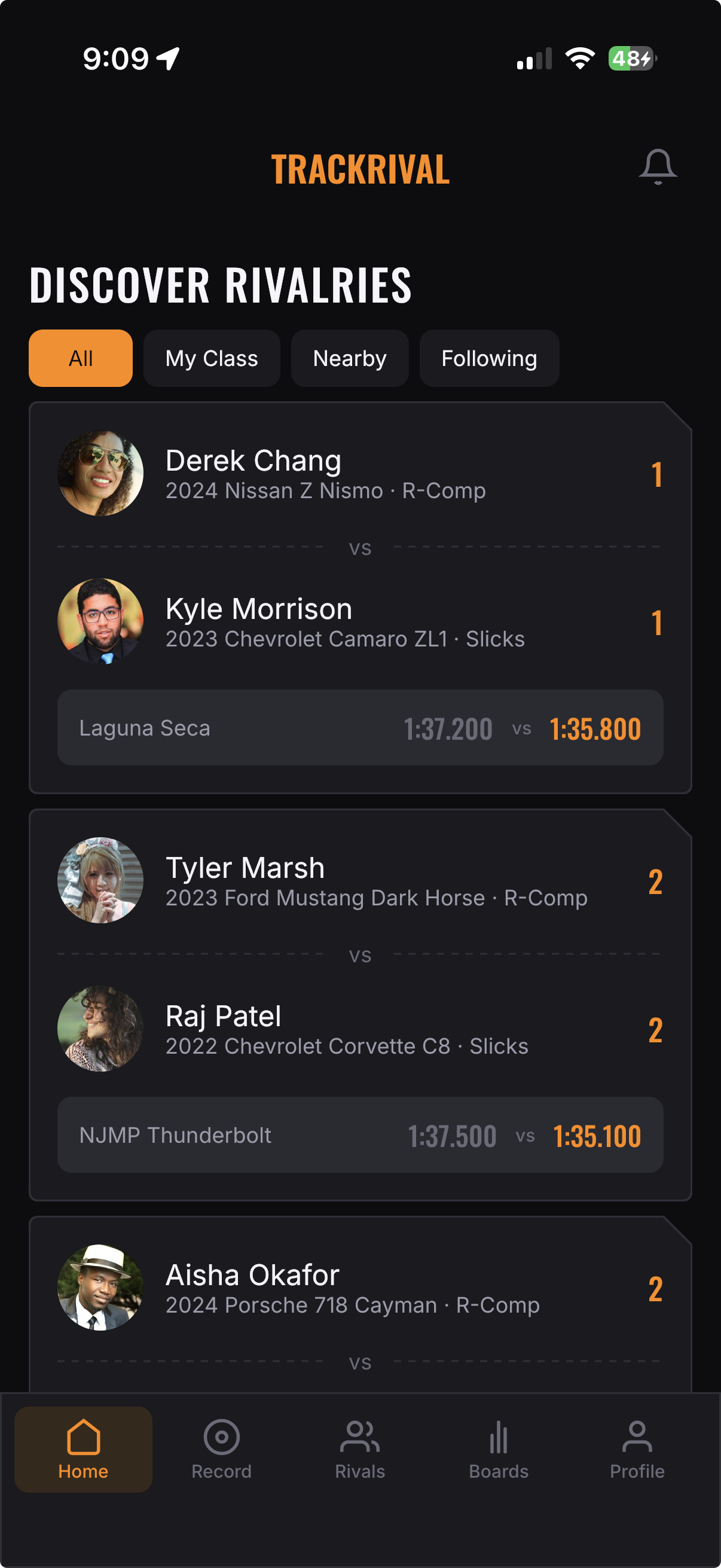 TrackRival Discover Rivalries screen